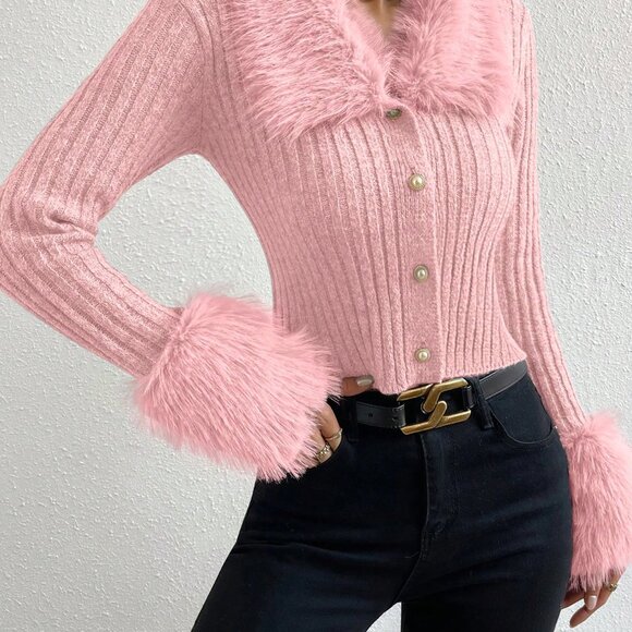 Pink Women's Casual Minimalist Patchwork Faux Fur & Pearl Button Cardigan - Picture 3 of 8